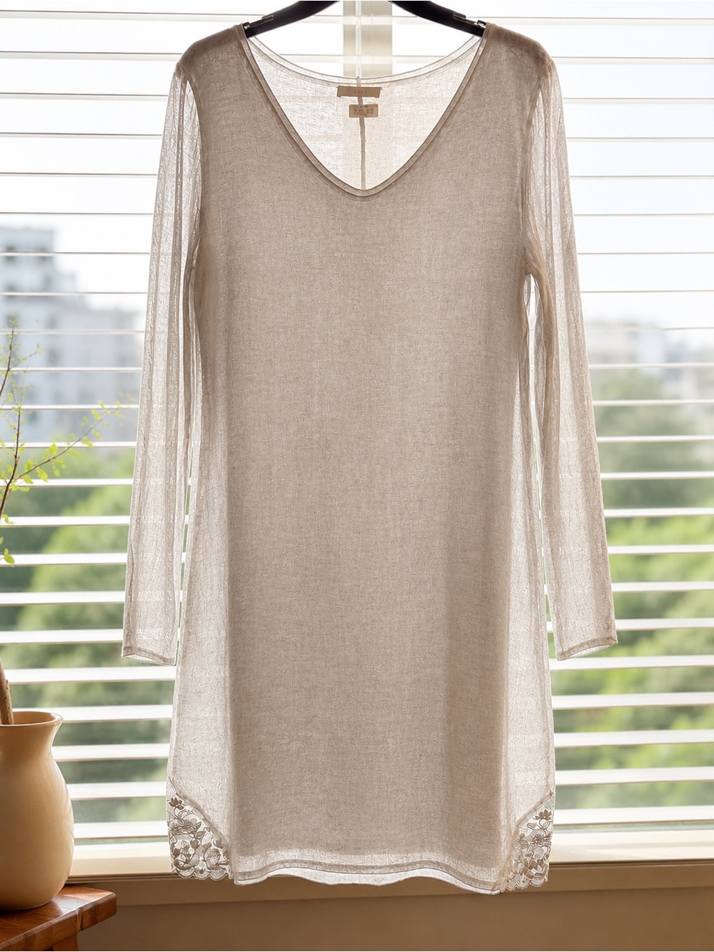Anthropologie Braez Sheer Lightweight Dress Lace Hem, Airy Gauze, Soft Gray. Med - Picture 2 of 9